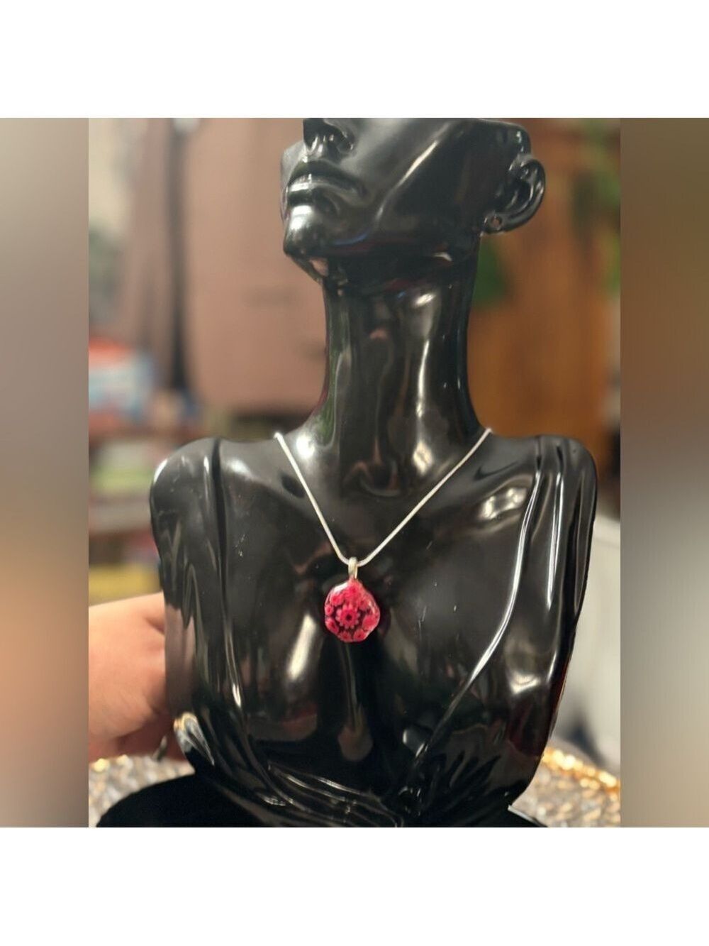 🌸Vintage Magenta Pink Millefiori Blown Glass Pendant Necklace • Floral Statement - Picture 11 of 17